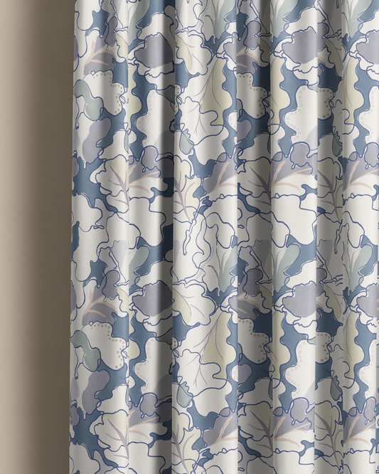 Curtain in blue tones colour, botanical pattern, large bold