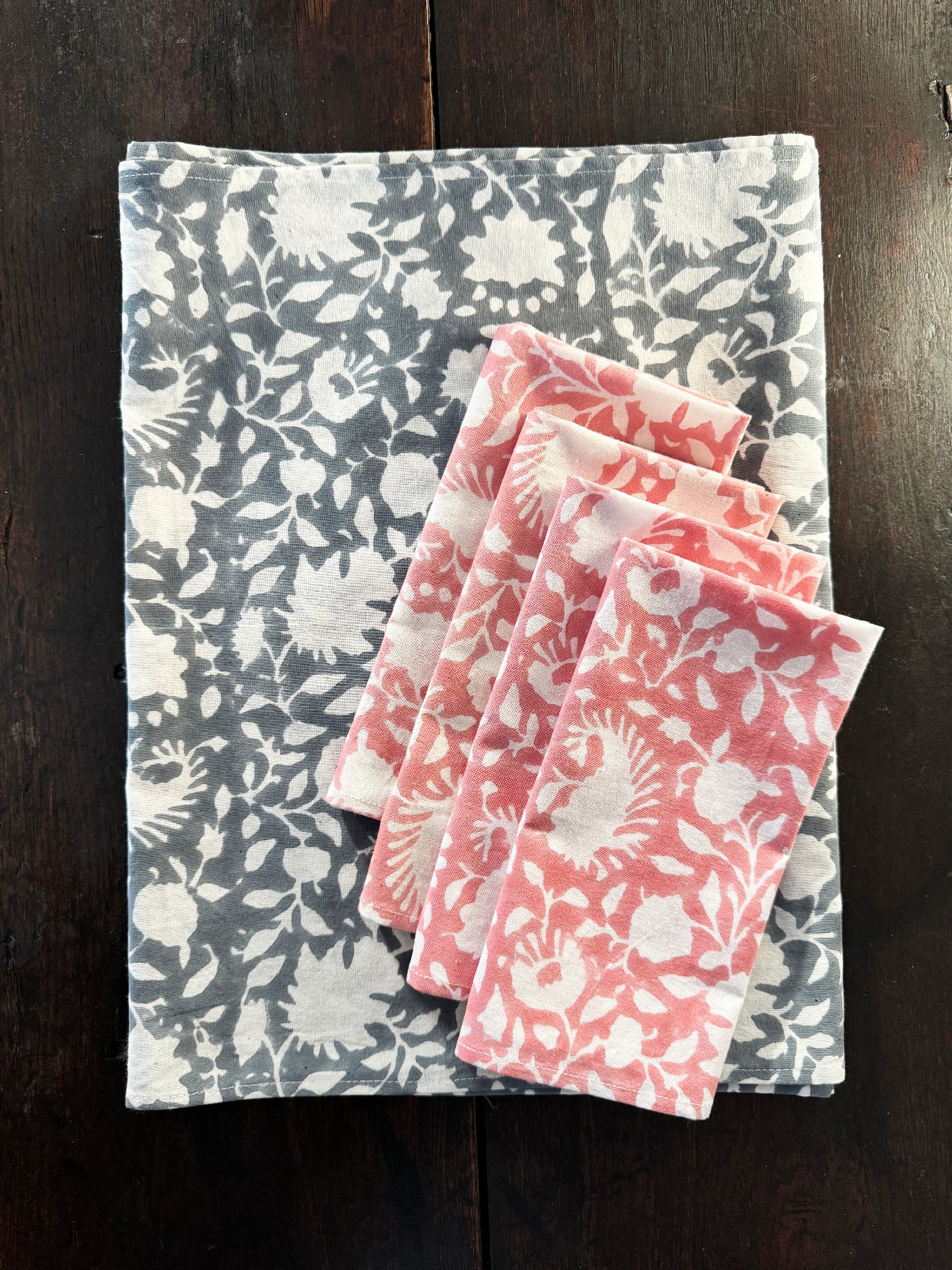 Block Printed Napkin Set of 4, Secret Garden in Pink