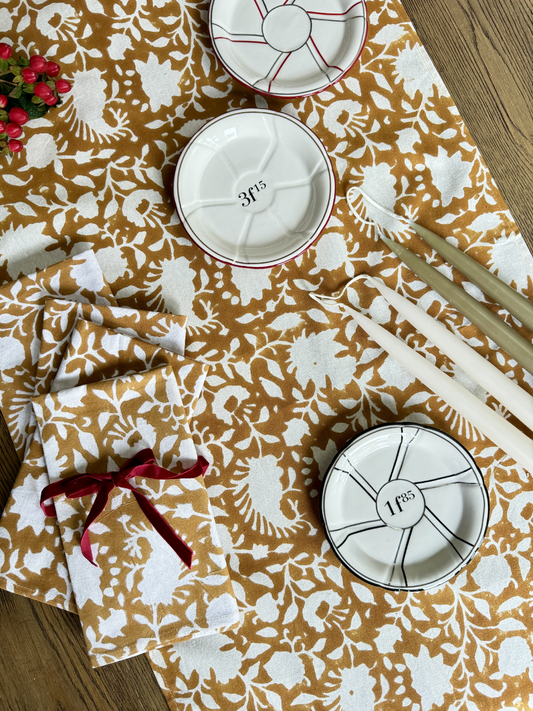 Block Printed Table Runner, Secret Garden in Ochre