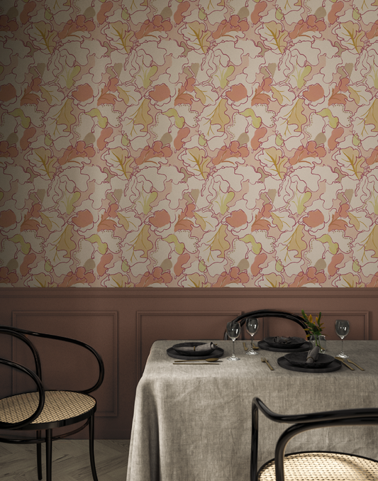 Dining room with botanical bold wallpaper, table set for dinner, and chairs.