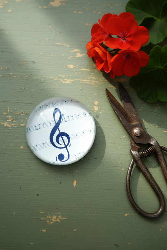 A round glass decoupage paperweight featuring a blue treble clef over a sheet music background, styled on a distressed green wooden surface next to red geranium flowers and vintage scissors.