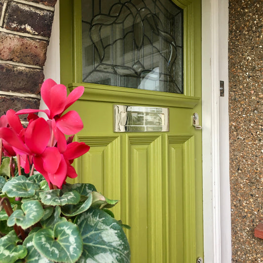 Green door with climbing rose