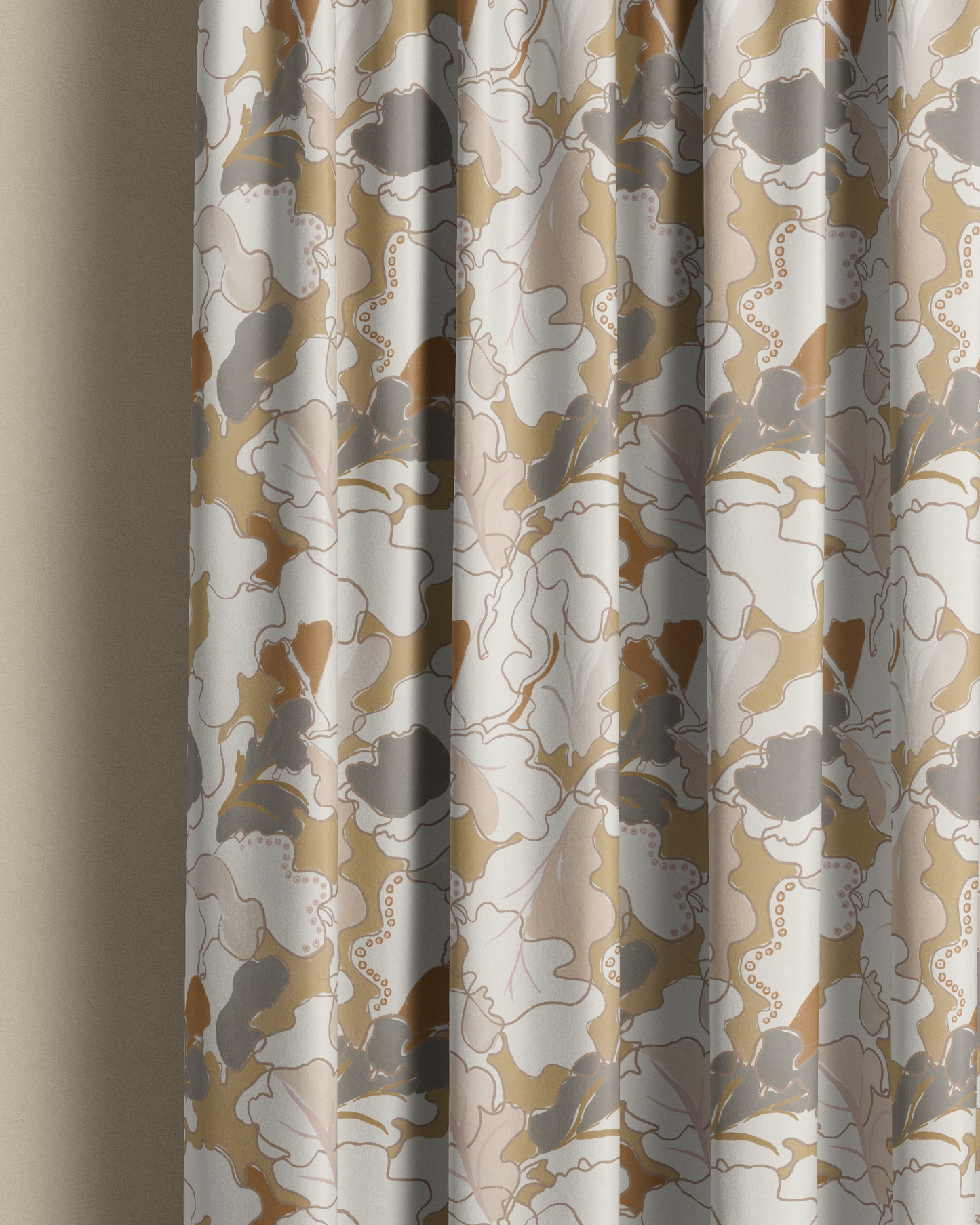 Curtain in neutral colours, botanical pattern, large bold