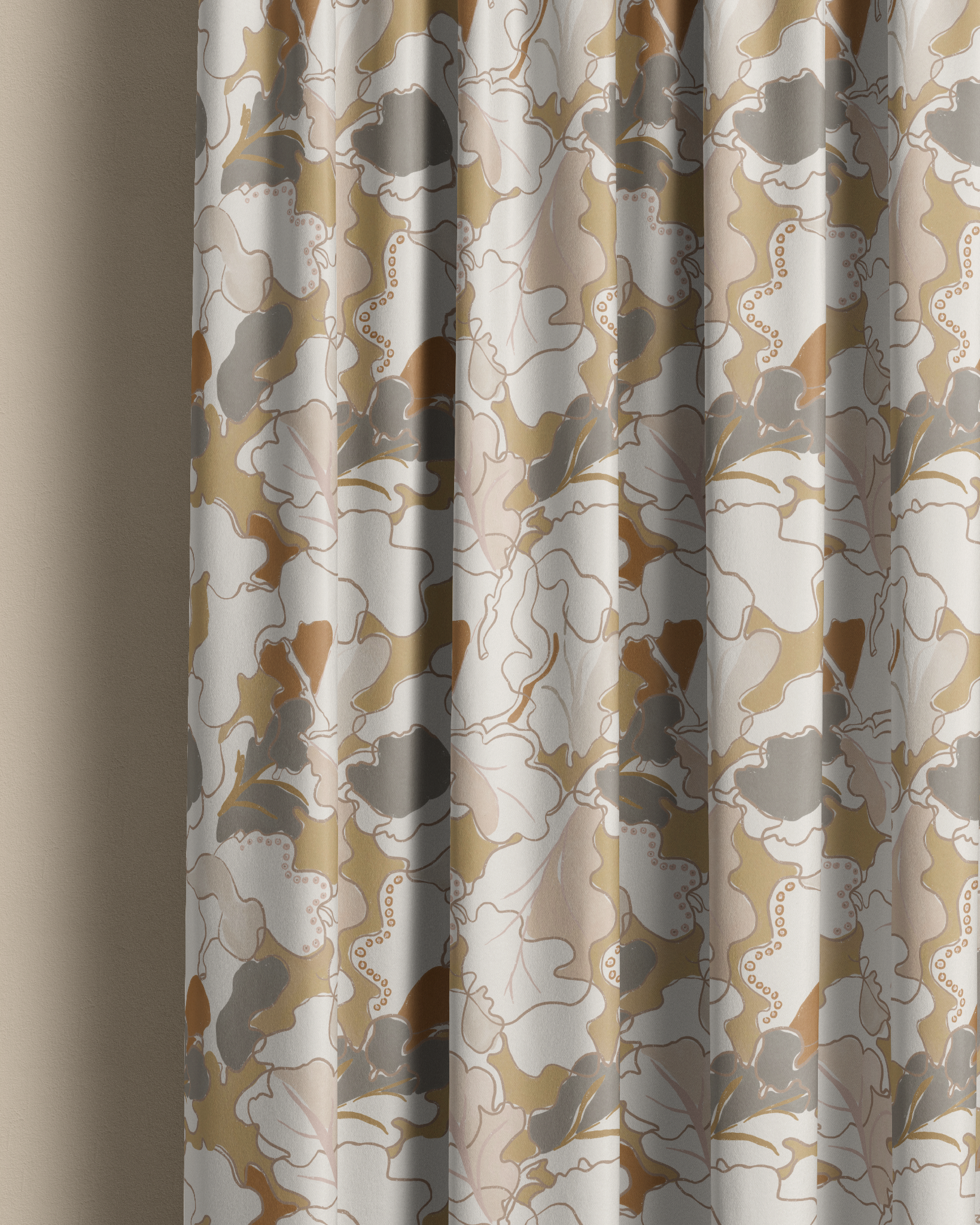 Curtain in neutral colours, botanical pattern, large bold