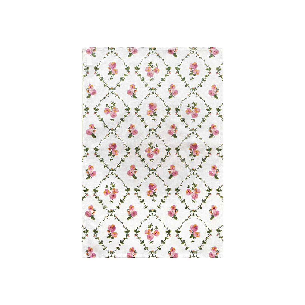 Tea towel with pink flowers and green garland