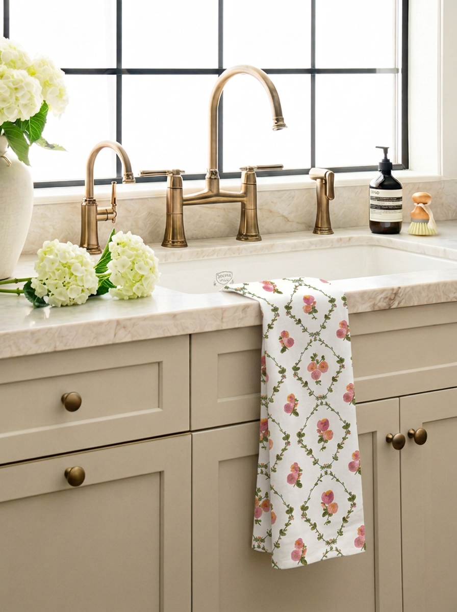 A white kitchen towel with a pink and green floral trellis pattern hangs over a cream marble countertop in a kitchen setting with a brass faucet.