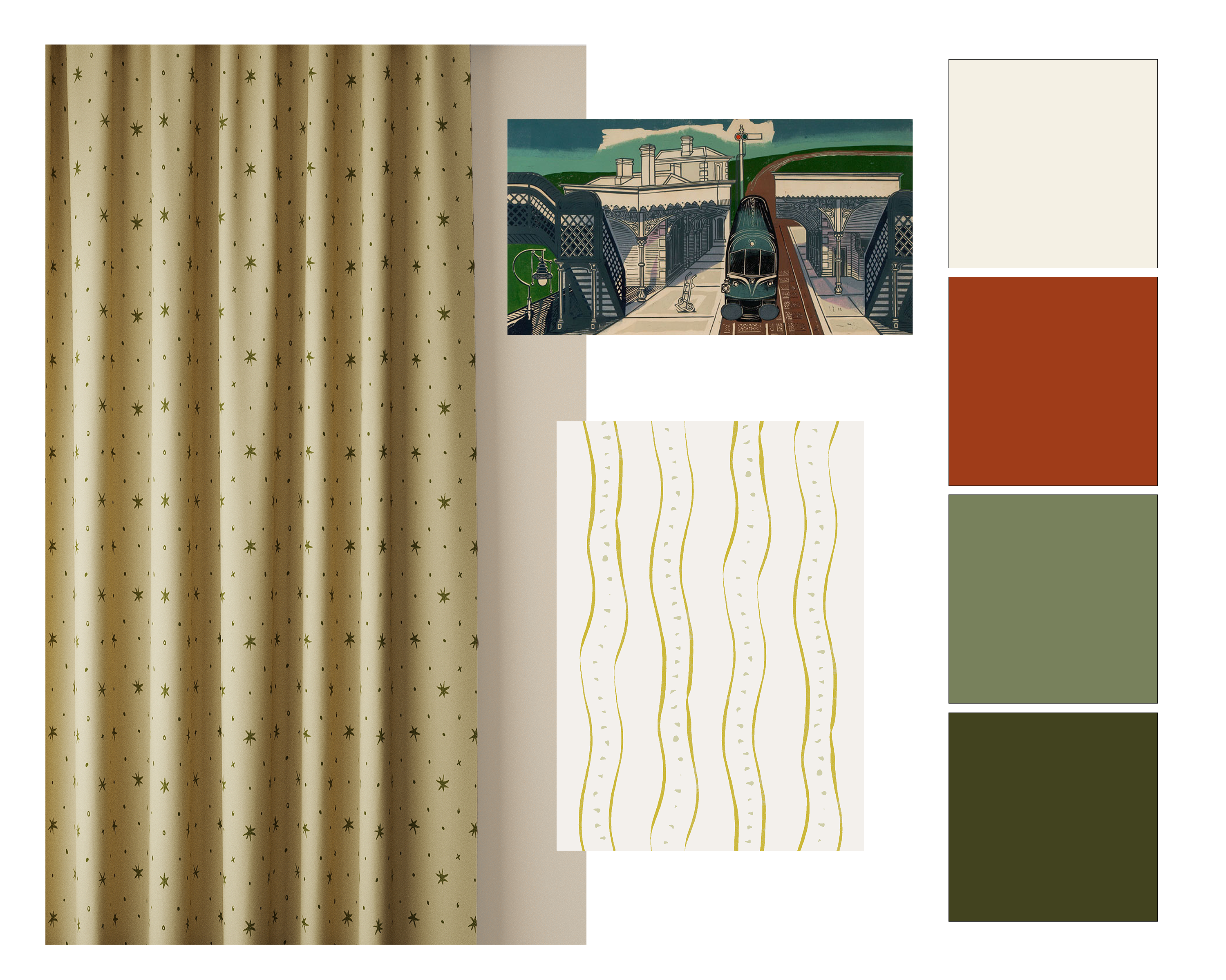 A curated interior design mood board featuring a beige curtain panel with small dark star motifs, a vintage-style transit station illustration, a cream fabric swatch with wavy mustard lines, and a vertical color palette of cream, rust, sage green, and dark olive green.