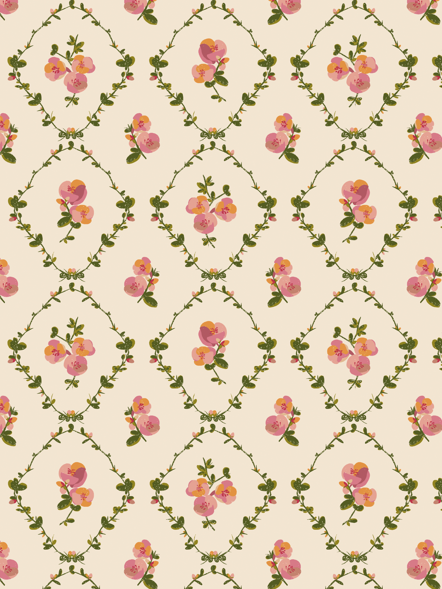 A repeating floral pattern featuring pink and peach flowers with green leaves arranged in diamond-like frames on a warm cream background.