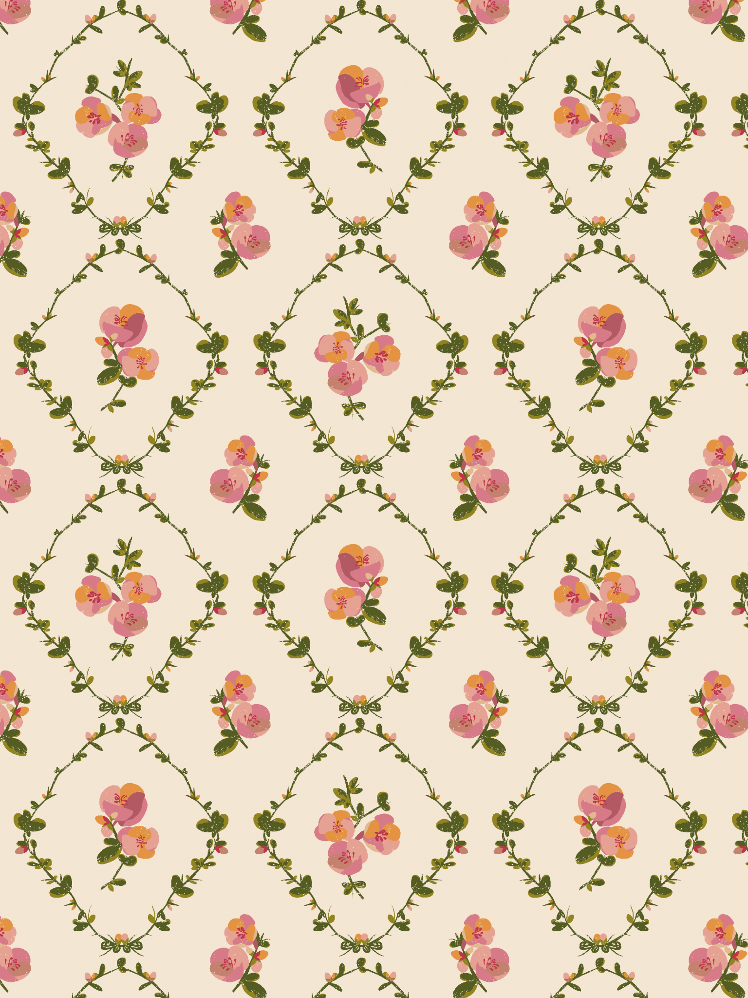 A repeating floral pattern featuring pink and peach flowers with green leaves arranged in diamond-like frames on a warm cream background.