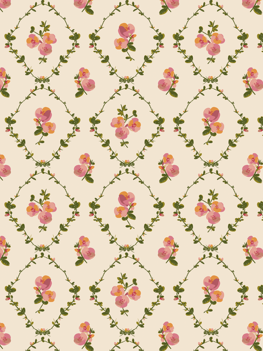 A repeating floral pattern featuring pink and peach flowers with green leaves arranged in diamond-like frames on a warm cream background.