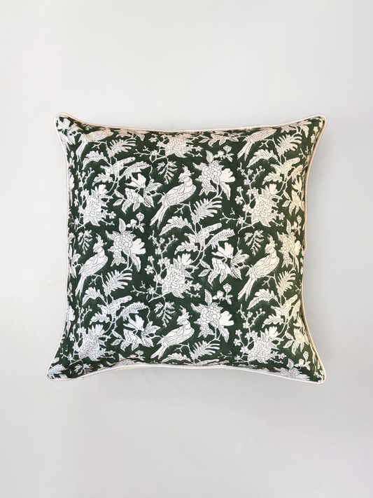 Cushion Cover Olive Green Toile Block Printed