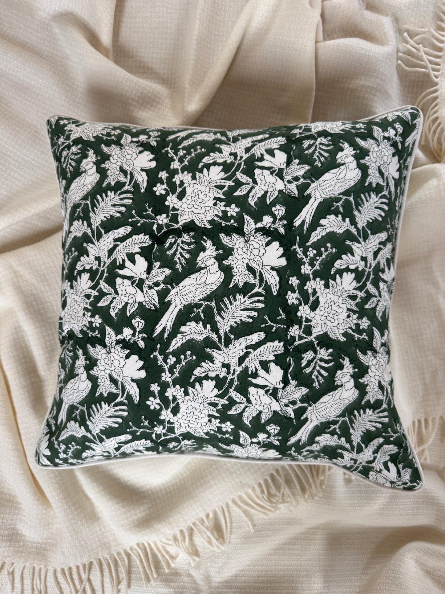 Cushion Cover Olive Green Toile Block Printed