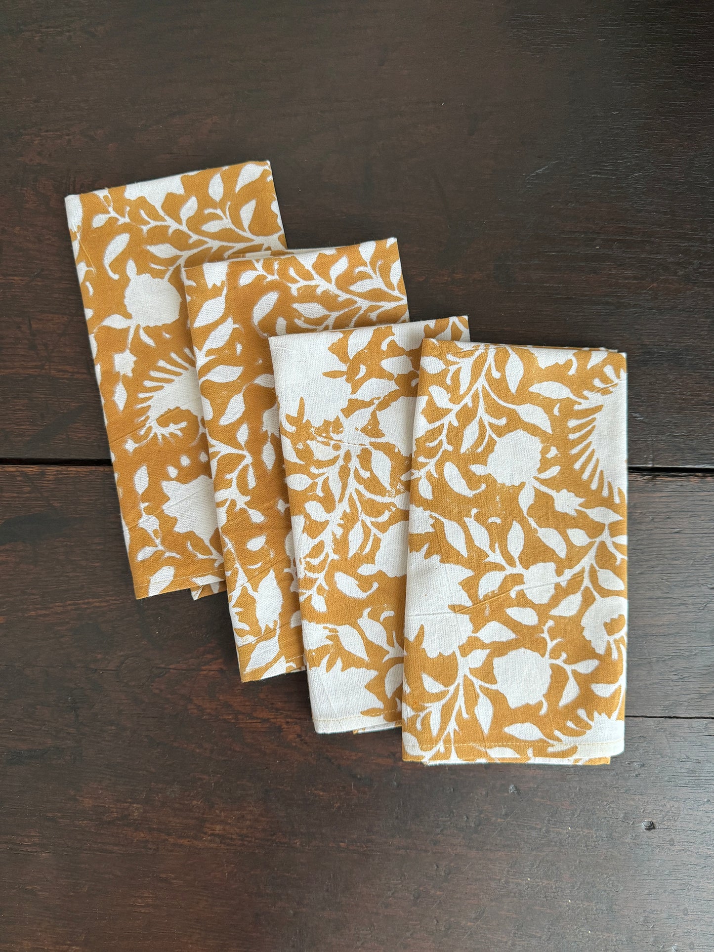 Block Printed Napkin Set of 4, Secret Garden in Ochre