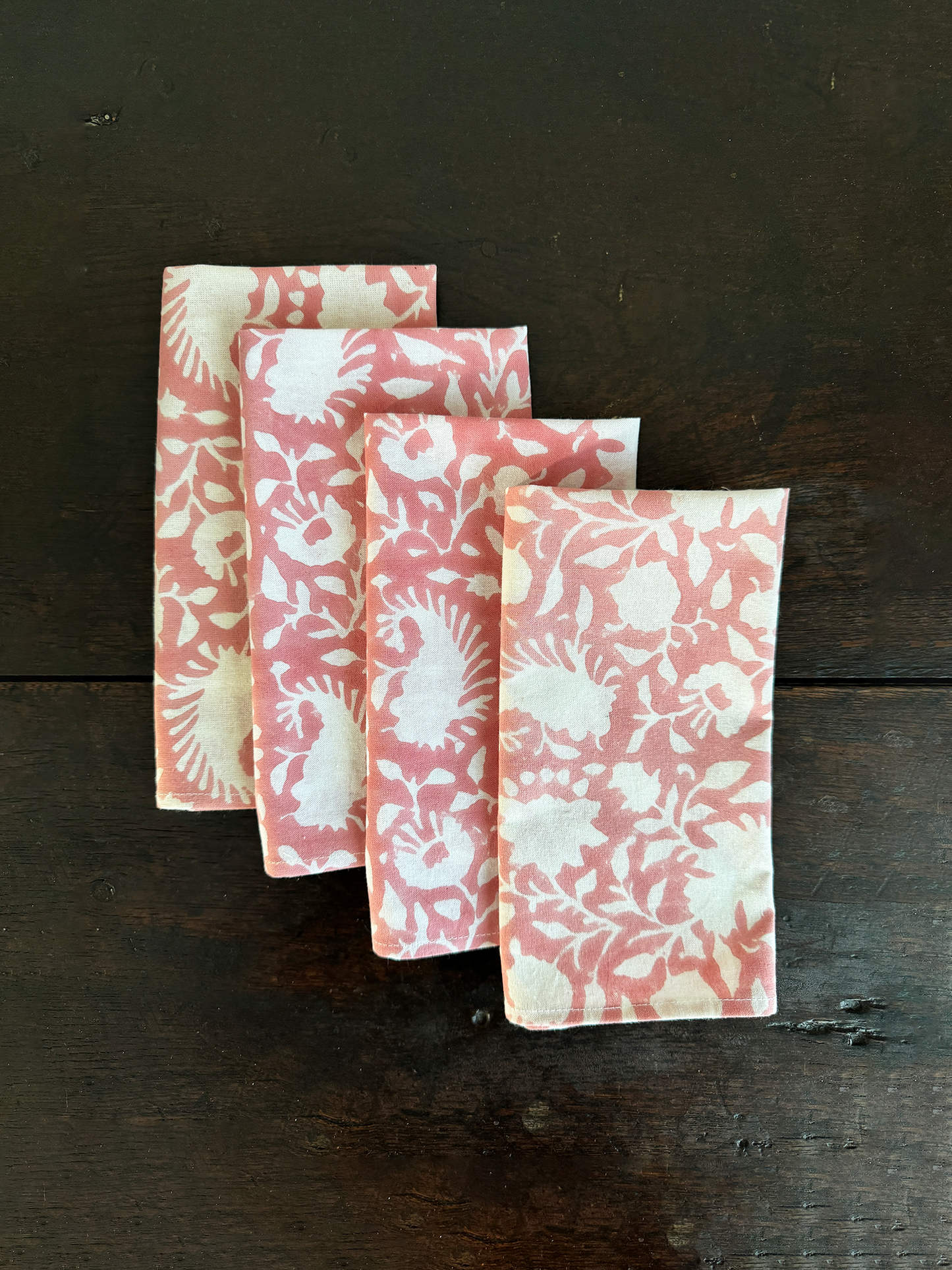 Pink napkin set, block printed on cotton. 