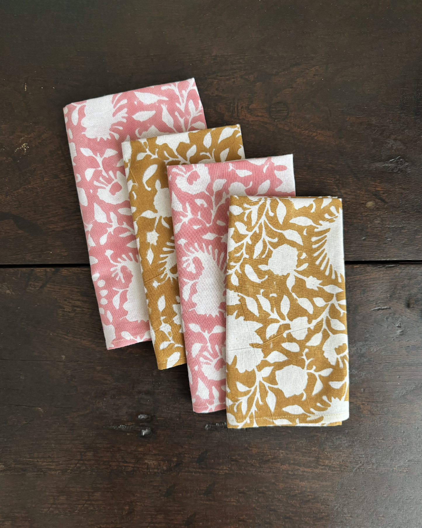 Block Printed Napkin Set of 4, Secret Garden in Ochre