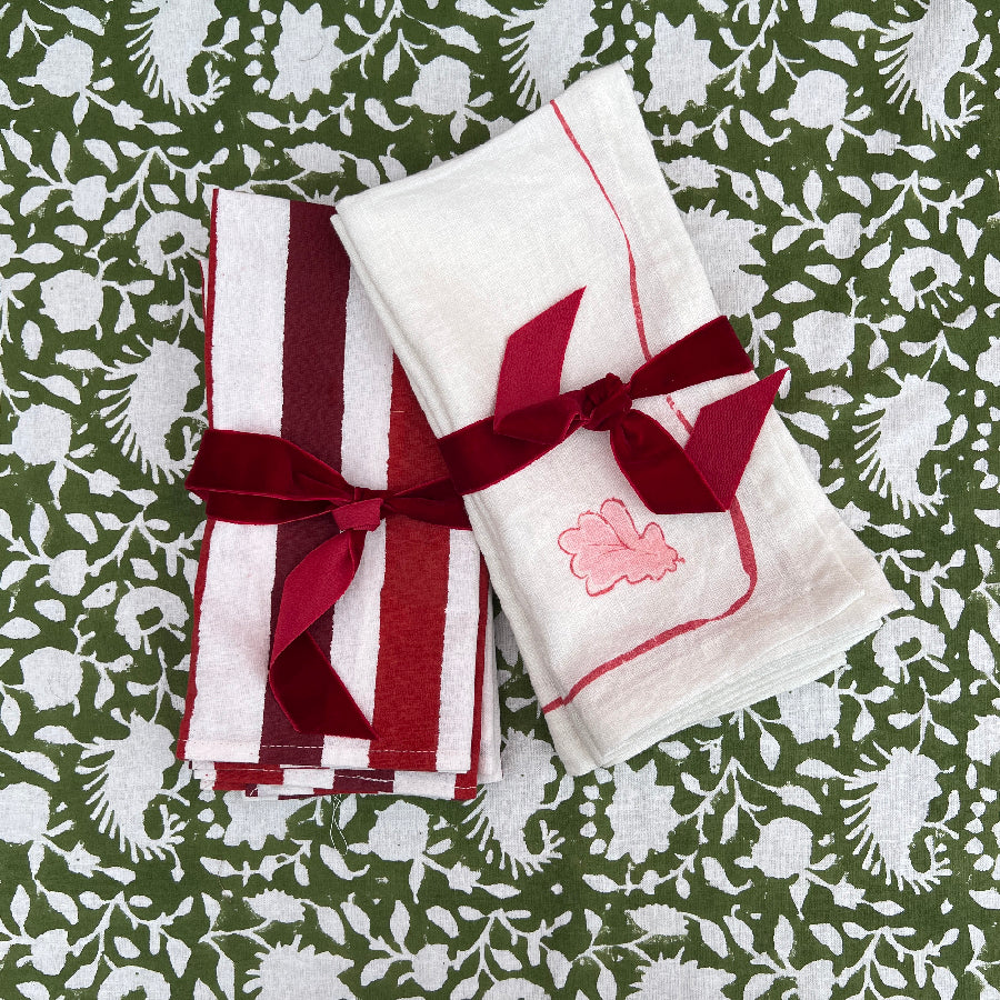 Red Striped Block Printed Cotton Napkins (Set of 4)