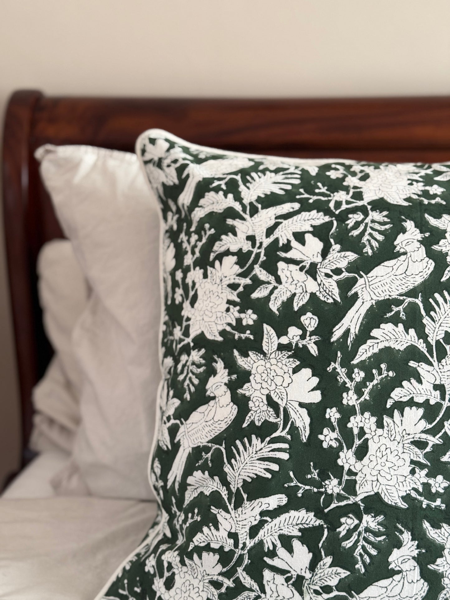 Cushion Cover Olive Green Toile Block Printed