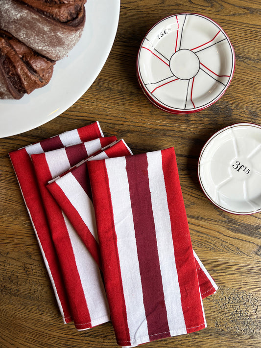 Block Printed Napkins Set of 4, Red Stripes